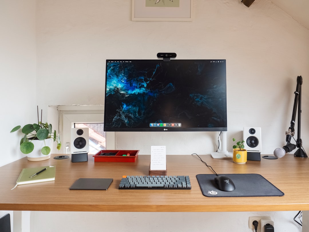 desktop computer speakers on desk