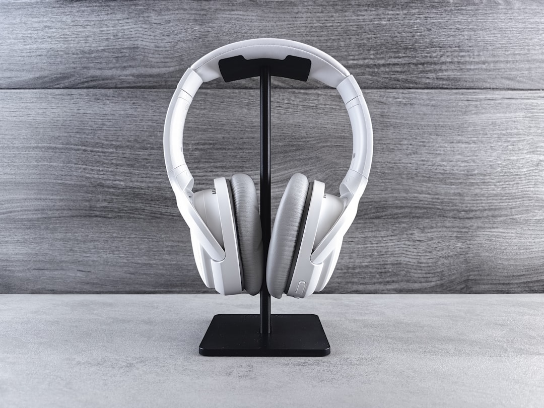 Aluminum headphone stand on a clean desk setup