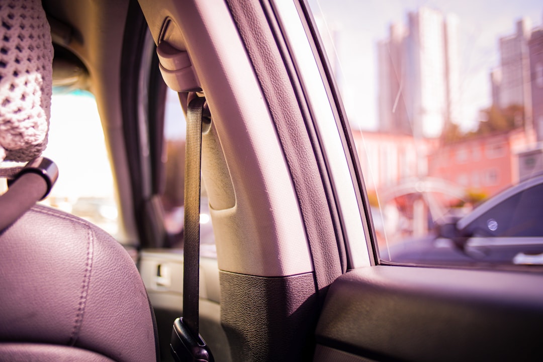View through a car's rear window showing the backseat and road behind