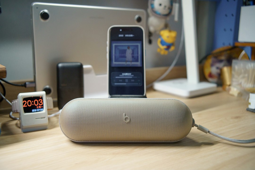 Digital alarm clock on a modern desk