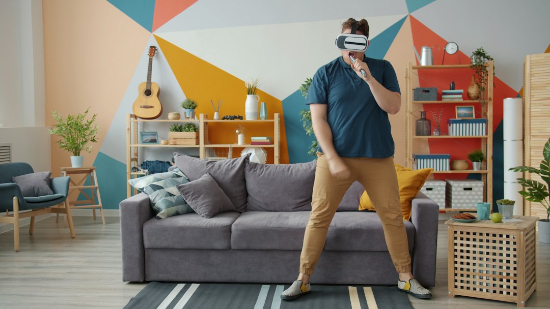 Person using a VR headset at home in the living room