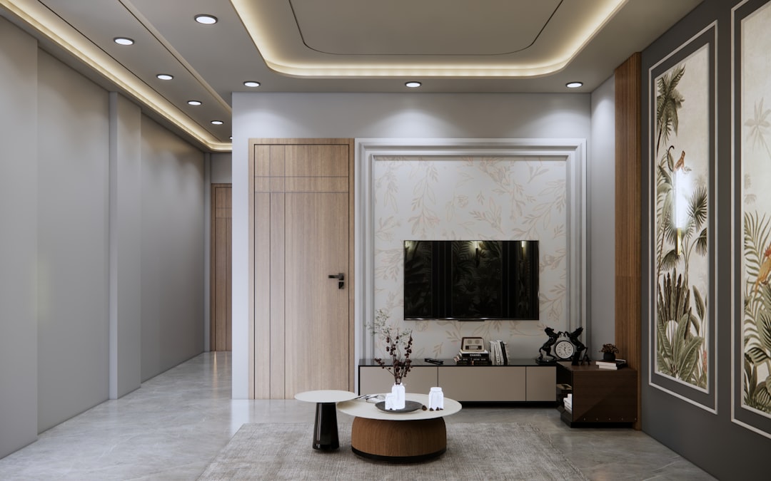 Minimalist modern living room with a TV mounted on a decorative accent wall