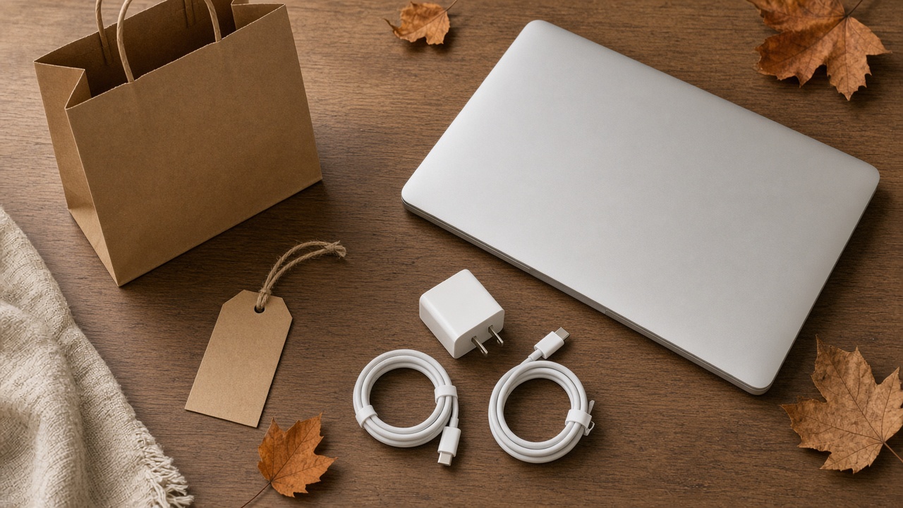 Flat-lay of a laptop, a blank price tag, a shopping bag, and charging cables on a desk, ready for Black Friday shopping