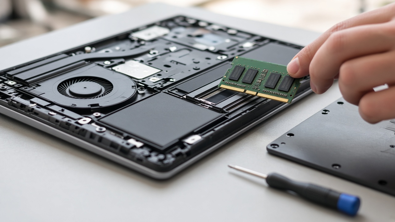 Close-up of an open laptop underside with a memory module being seated into its slot