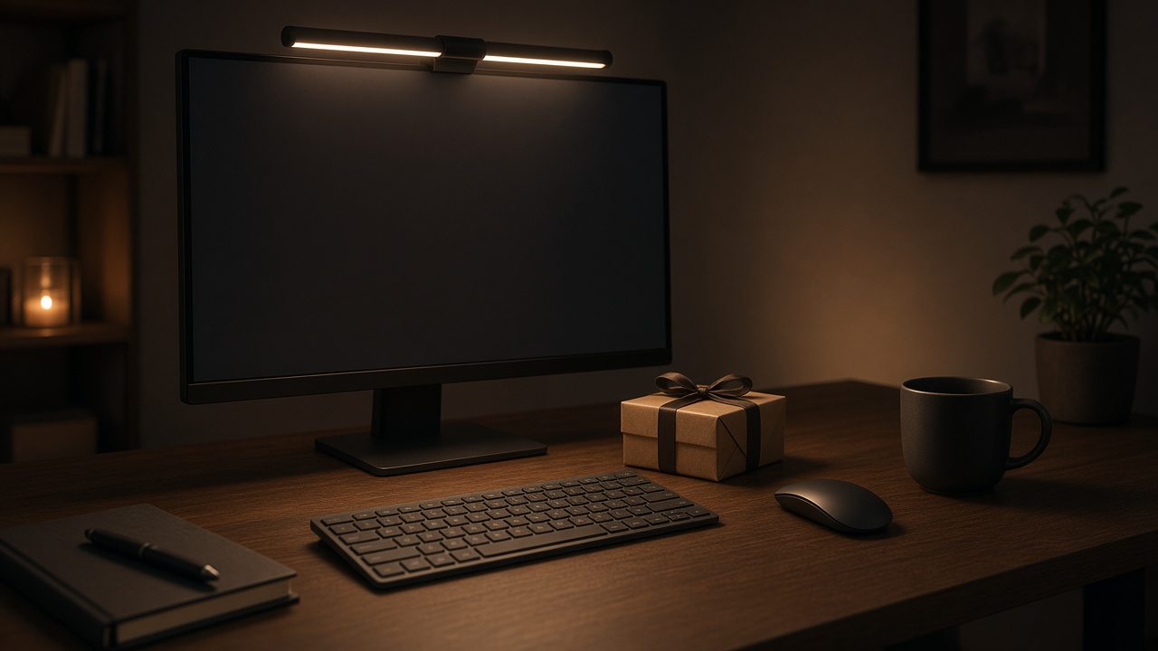 A tidy home office desk at night lit by a soft monitor light bar, with a slim wireless mouse and a small wrapped gift