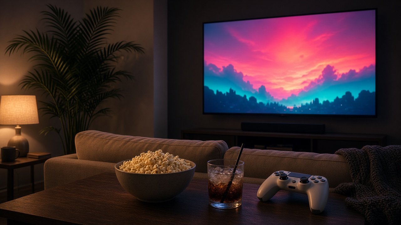 A cozy living room at night with a large TV glowing in sunset pink and teal, a white controller, popcorn and a cold drink waiting on the coffee table