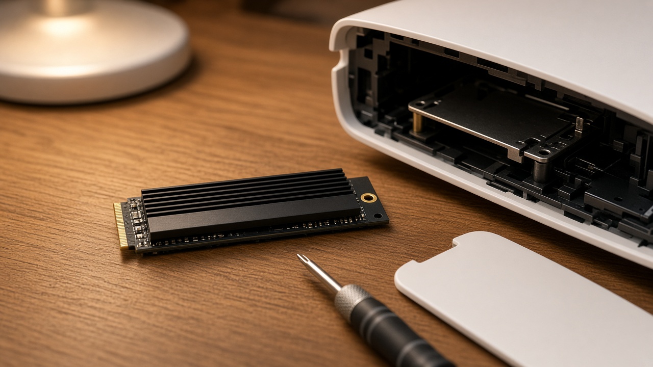 An M.2 SSD with a black finned heatsink resting beside the open expansion bay of a white game console, a small screwdriver and the removed cover nearby
