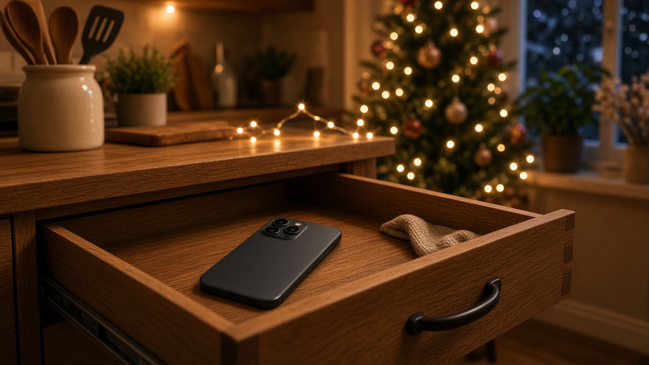 A smartphone resting face down inside a half-open wooden kitchen drawer on a cozy evening, with warm holiday lights glowing softly in the background