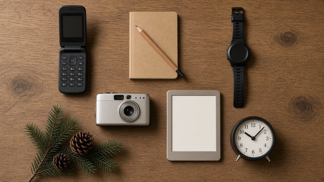 A flat lay on a wooden table of an unbranded flip phone, a small notebook and pencil, a digital wristwatch, a compact camera, an e-reader and a small alarm clock, the full bridge kit for a phone-light holiday