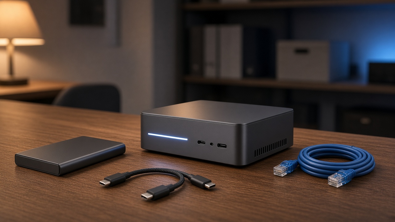 A compact dark mini PC on a workbench beside a portable SSD and a coiled network cable, glowing softly in a quiet home office