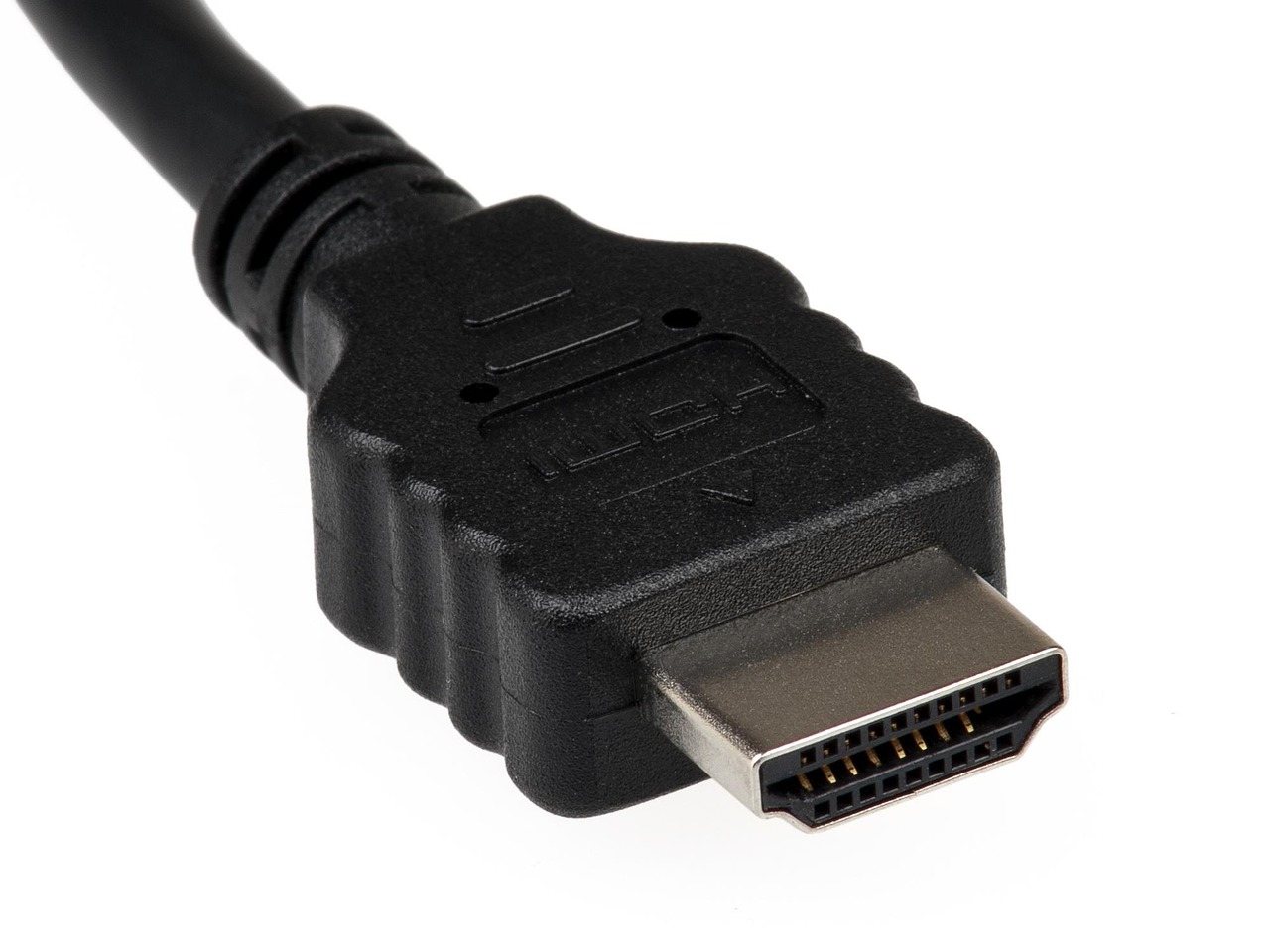 Close-up of a black HDMI connector with its gold contacts facing the camera