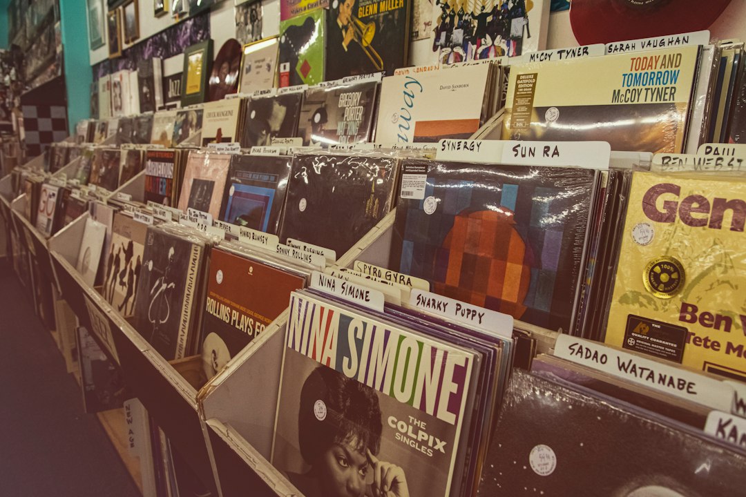Browsing through bins of records in a vinyl shop