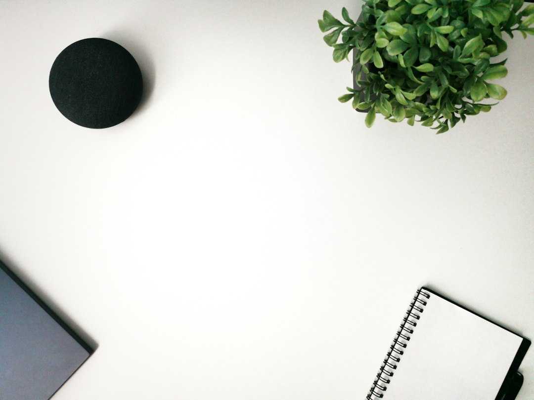 A round smart speaker puck on a white desk next to a plant, mono and off to one side