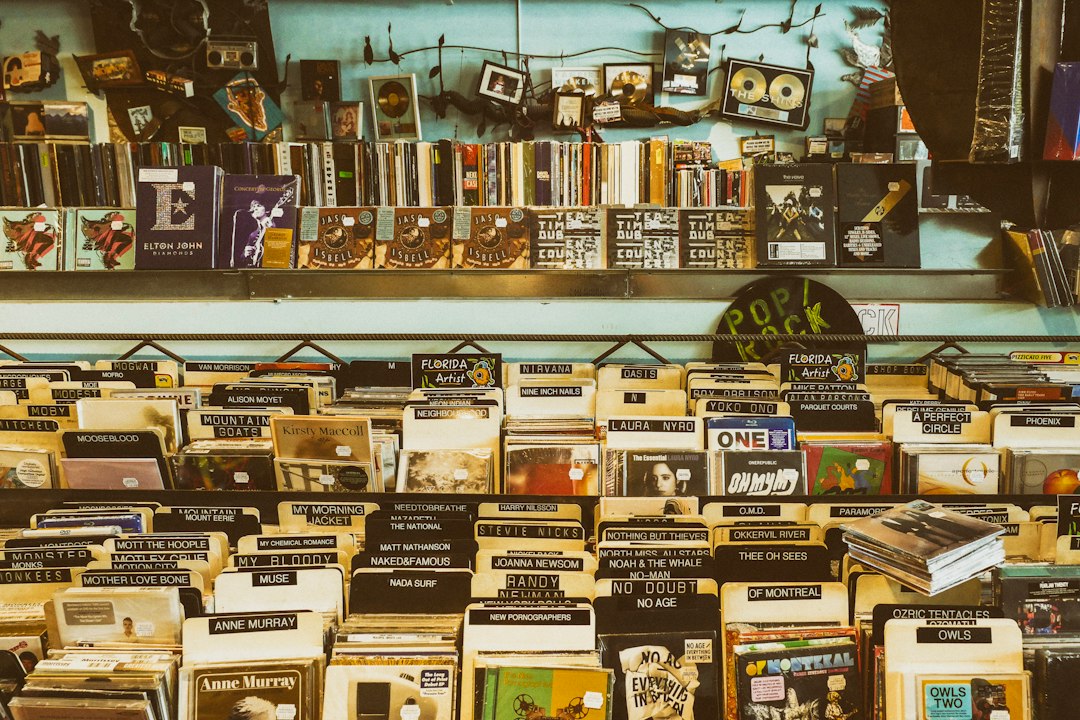 Shelves of secondhand CDs and records in a used music shop
