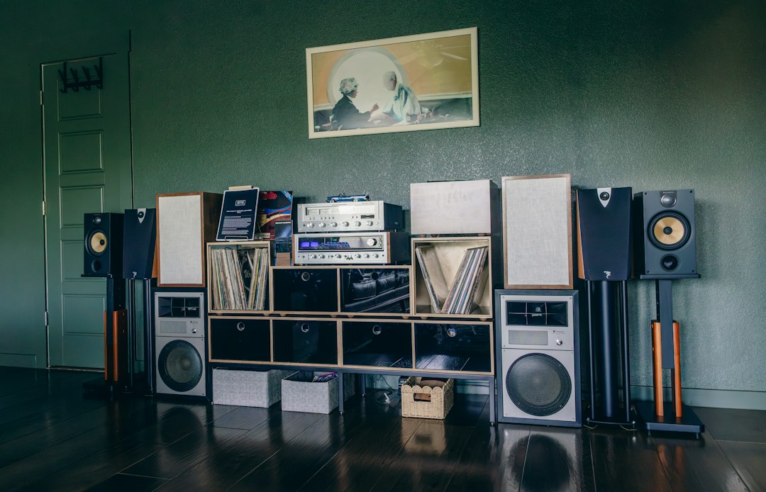 Bookshelf speakers set up in a listening room