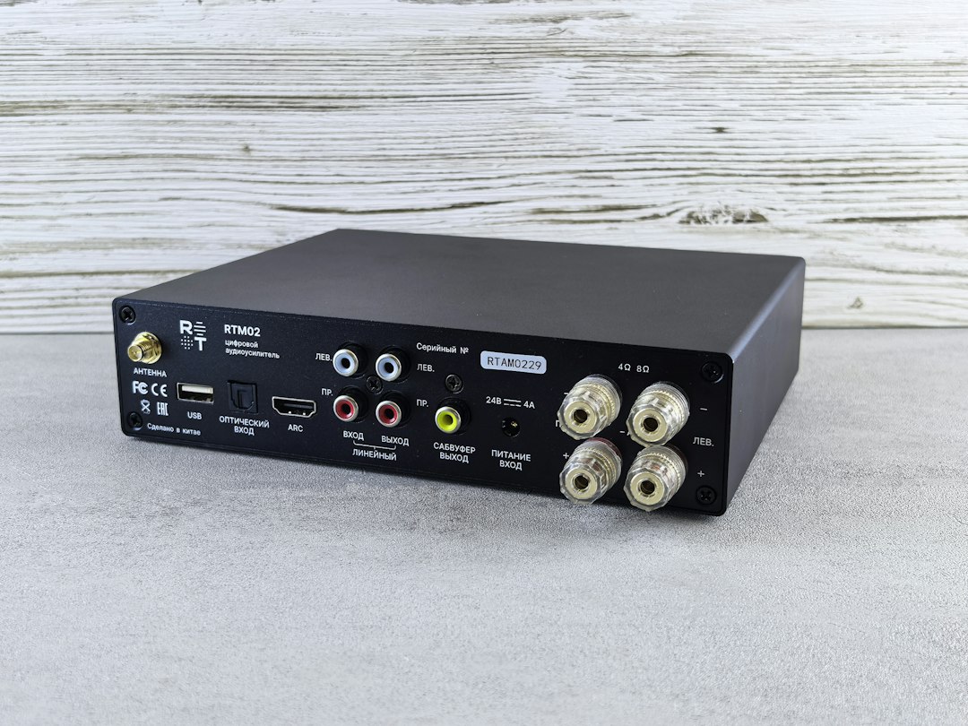 The rear panel of a compact amplifier, with RCA jacks, an optical input, and speaker terminals